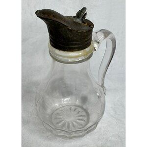 Antique Victorian Glass Pitcher With Ornate Metal Lid & Handle